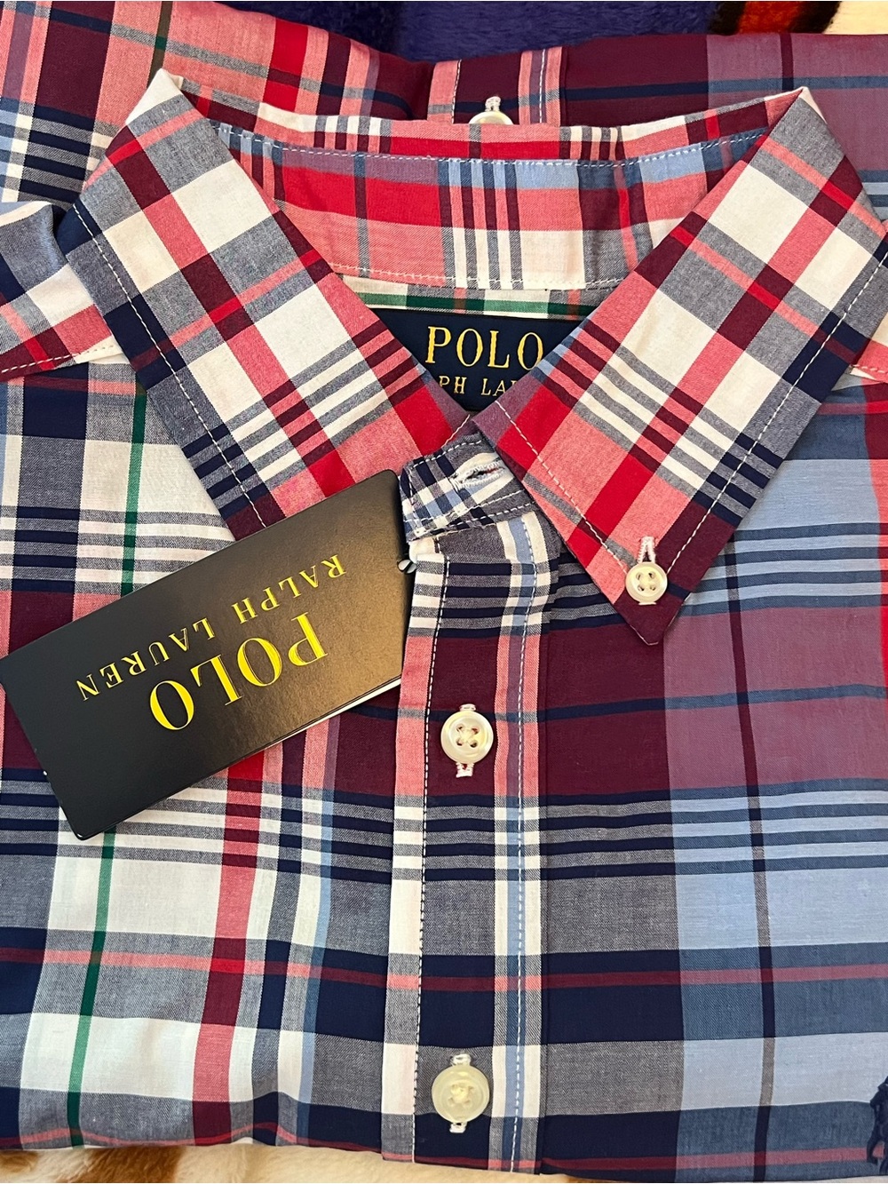 Polo by Ralph Lauren. Red, Blue & White Plaid Button-Down Shirt